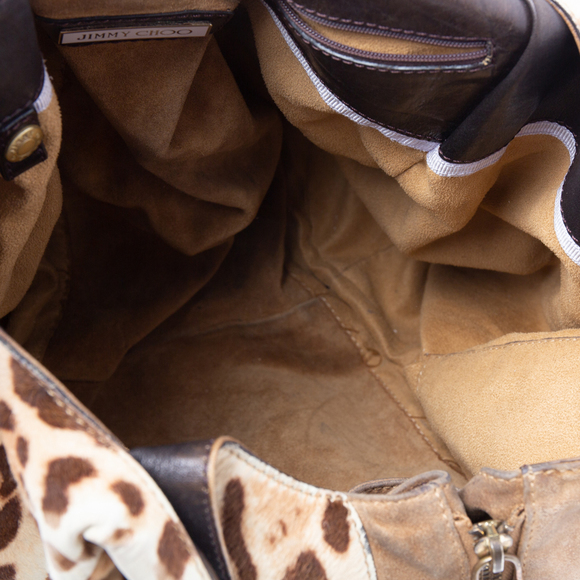 JIMMY CHOO Beige/Brown Leopard Print Calf Hair and Suede Mandah Expandable Hobo - Picture 8 of 9